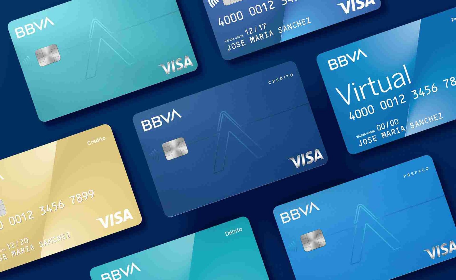 An array of bbva bank cards in various designs and colors, representing different account types such as credit and debit, with a focus on the visa branding. Bank cards with no credit check
