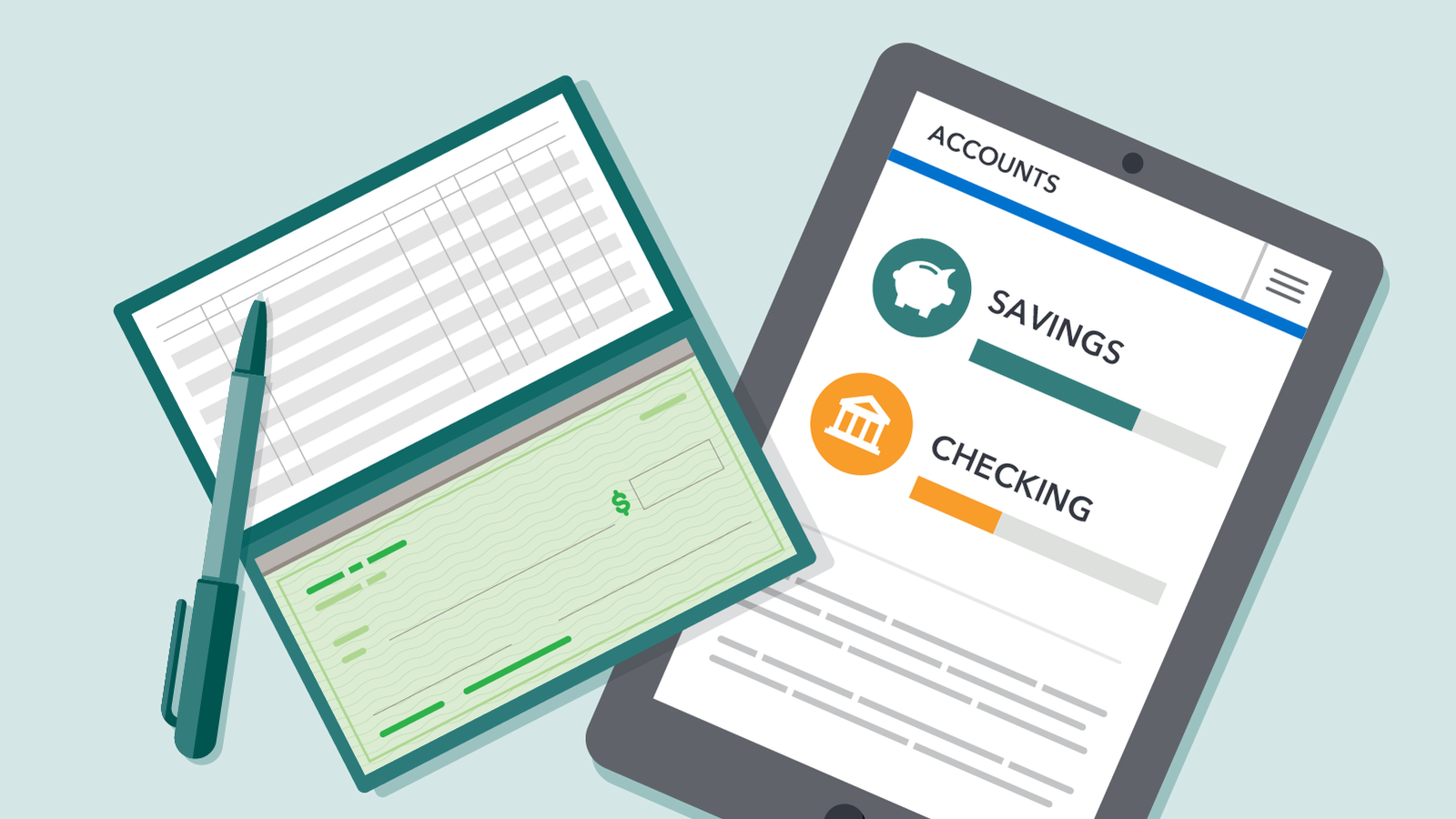 Digital banking concept with a tablet showing savings and checking accounts and a checkbook with a pen next to it on a desk. basic bank accounts